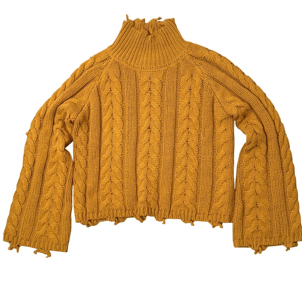 Boho Cable Knit Fall Bell Sleeve Cropped Cozy Sweater (S) Mustard Soft Cute Elan